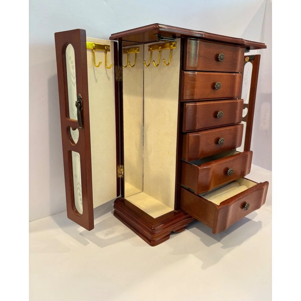 Vintage Wooden Jewelry Box Armoire Storage Chest Organizer Etched Glass Tall